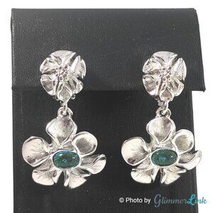 Vintage Silver Tone Green Cabochon Floral Dangle Clip On Earrings Statement